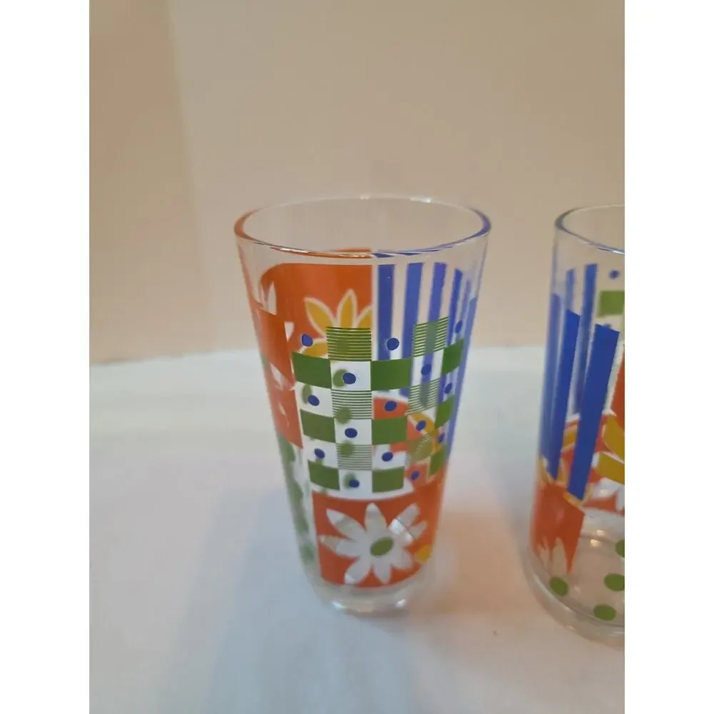 Vtg KIG Vertical Stripe Blue Green Clear MCM Drinking Glasses 12 oz Retro Kitsch